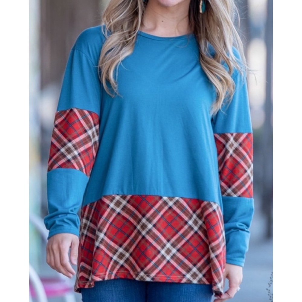 Grace & Emma boutique blue & red plaid top